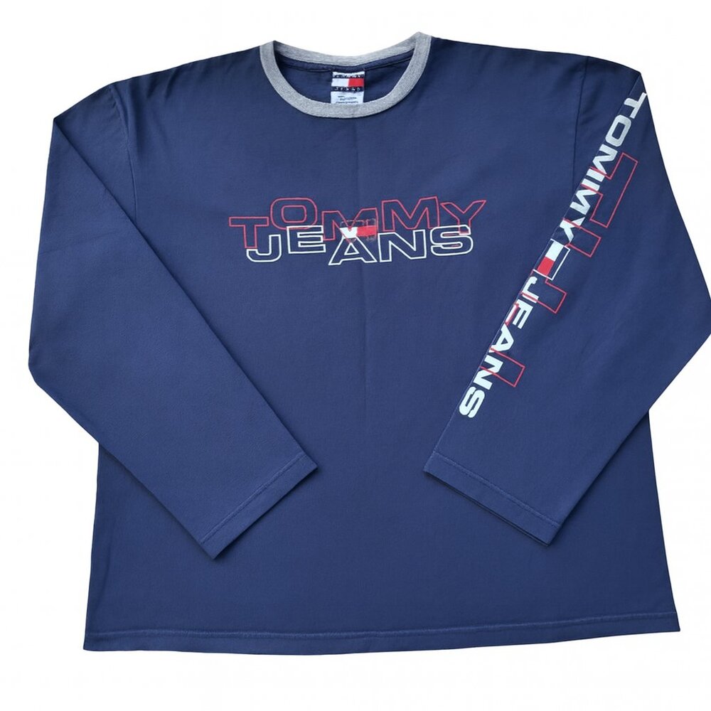 Vintage Tommy Jeans Spellout Logo Long Sleeve Shirt Navy Blue Men’s Large 90s